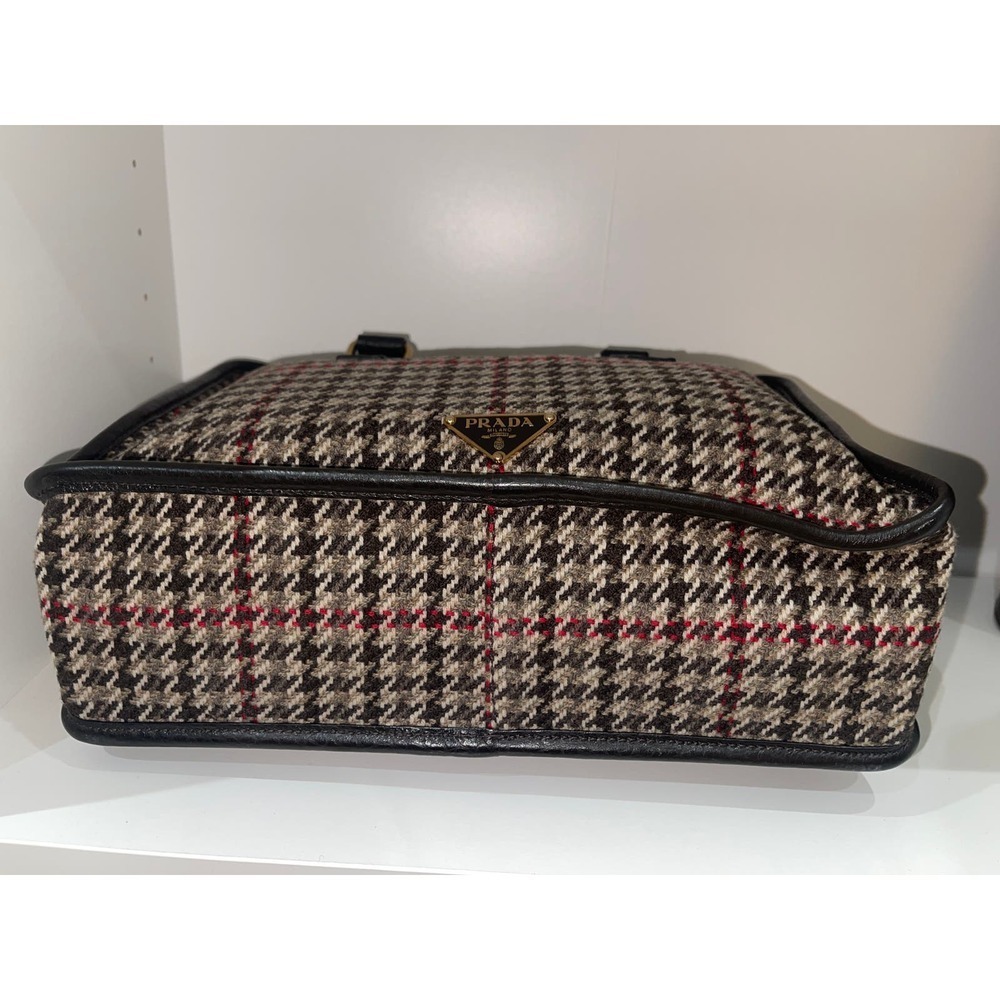 Prada Houndstooth Tweed Tote Bag Brown Leather- Trim Wool - Picture 3 of 5
